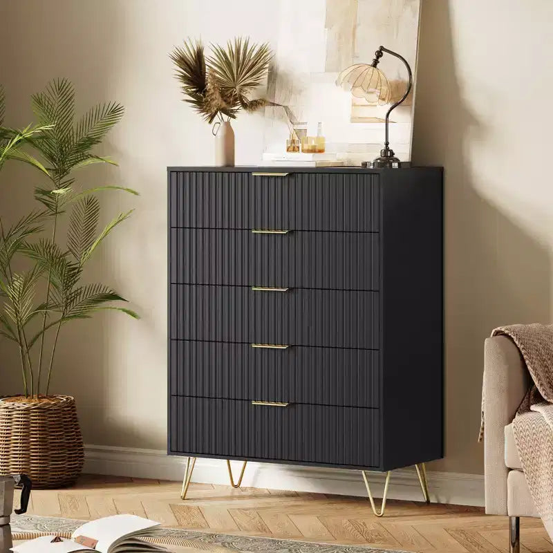 5 Drawer Dresser for Bedroom, 31.5W Wooden Chest of Drawers, Fluted Clothes Storage Organizer, Dresser Narrow Nightstand for Living Room