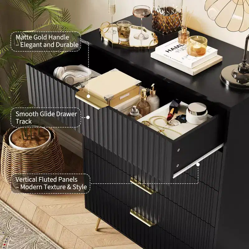 5 Drawer Dresser for Bedroom, 31.5W Wooden Chest of Drawers, Fluted Clothes Storage Organizer, Dresser Narrow Nightstand for Living Room