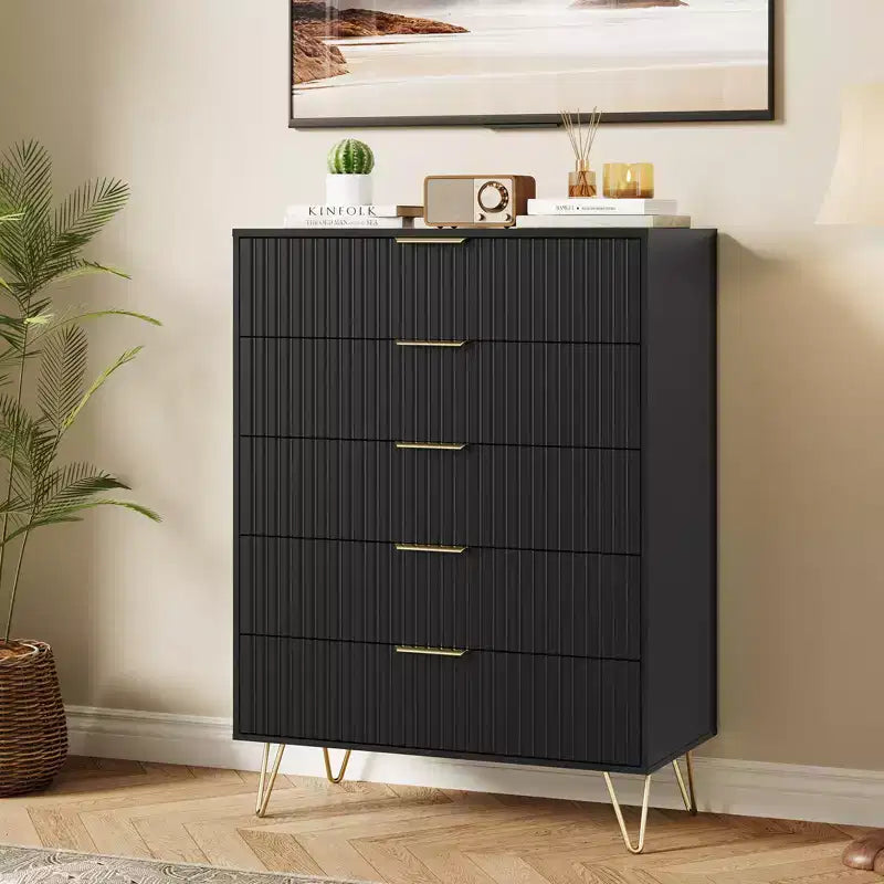 5 Drawer Dresser for Bedroom, 31.5W Wooden Chest of Drawers, Fluted Clothes Storage Organizer, Dresser Narrow Nightstand for Living Room