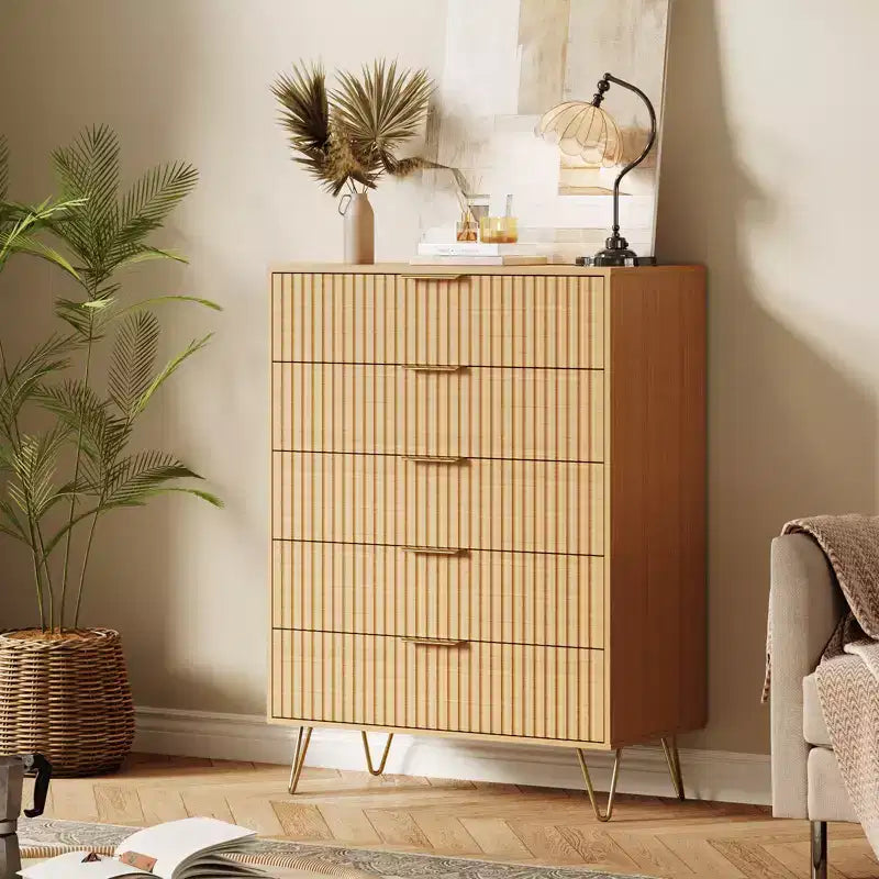 5 Drawer Dresser for Bedroom, 31.5W Wooden Chest of Drawers, Fluted Clothes Storage Organizer, Dresser Narrow Nightstand for Living Room