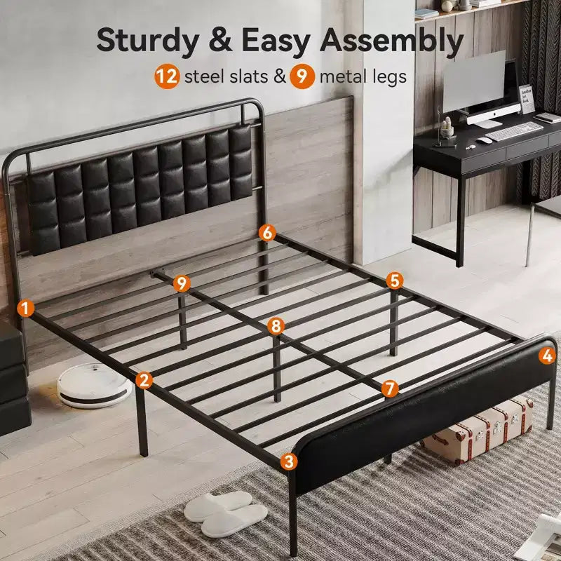 Sailvan Queen Bed Frame with Headboard, Queen Size Bed Frame with Storage Space & Upholstered