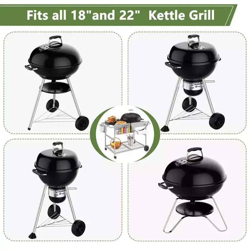 Celebalcony Grill Table for Weber 22 & 18 Original Kettle, Outdoor Grill Cart with Wheels, Movable Outdoor Prep Table Cooking Station, Sliver