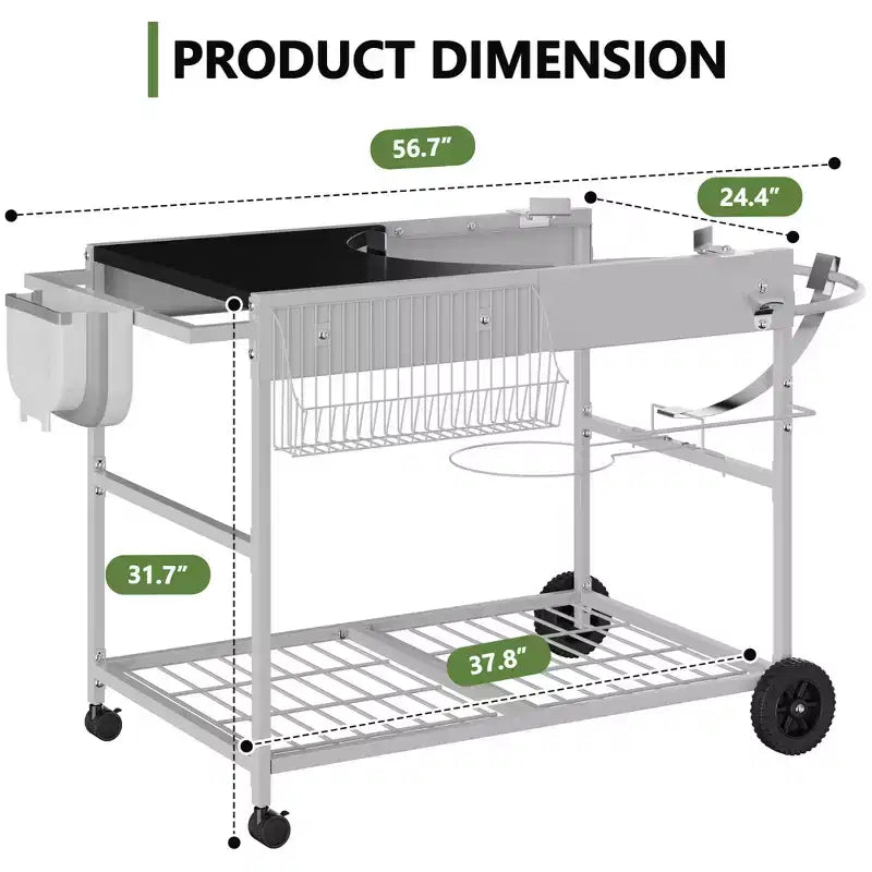 Celebalcony Grill Table for Weber 22 & 18 Original Kettle, Outdoor Grill Cart with Wheels, Movable Outdoor Prep Table Cooking Station, Sliver