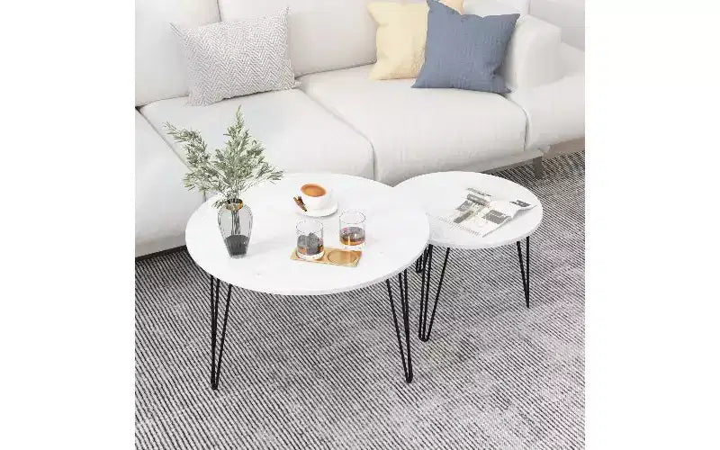TUYOHW 2-Piece Nesting Round Coffee Table Set, Imitation Marble Top Metal Frame Center Table for Living Room, Circular Nesting End Table Set