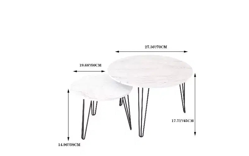 TUYOHW 2-Piece Nesting Round Coffee Table Set, Imitation Marble Top Metal Frame Center Table for Living Room, Circular Nesting End Table Set