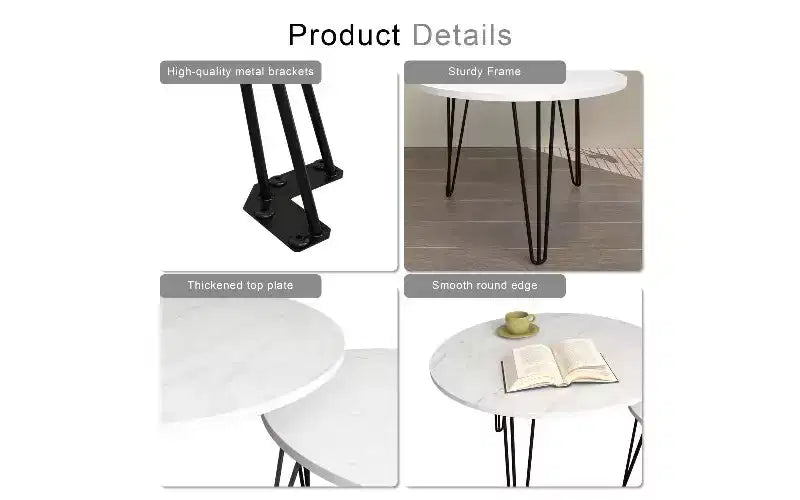 TUYOHW 2-Piece Nesting Round Coffee Table Set, Imitation Marble Top Metal Frame Center Table for Living Room, Circular Nesting End Table Set