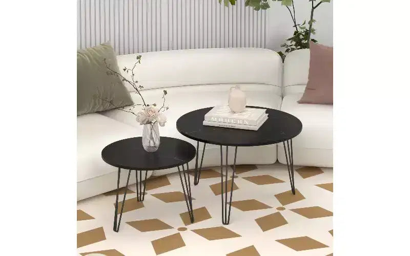 TUYOHW 2-Piece Nesting Round Coffee Table Set, Imitation Marble Top Metal Frame Center Table for Living Room, Circular Nesting End Table Set