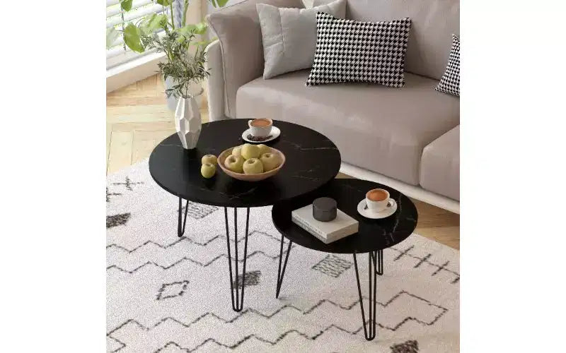 TUYOHW 2-Piece Nesting Round Coffee Table Set, Imitation Marble Top Metal Frame Center Table for Living Room, Circular Nesting End Table Set