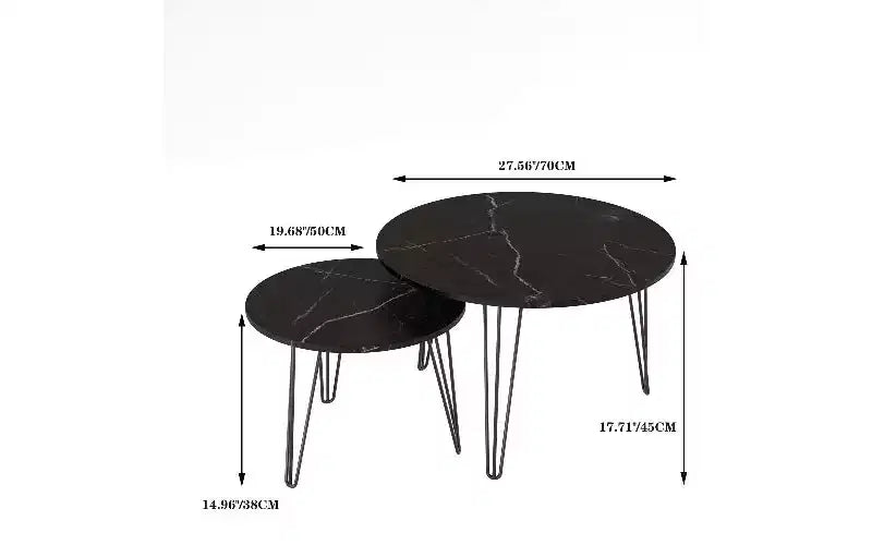 TUYOHW 2-Piece Nesting Round Coffee Table Set, Imitation Marble Top Metal Frame Center Table for Living Room, Circular Nesting End Table Set