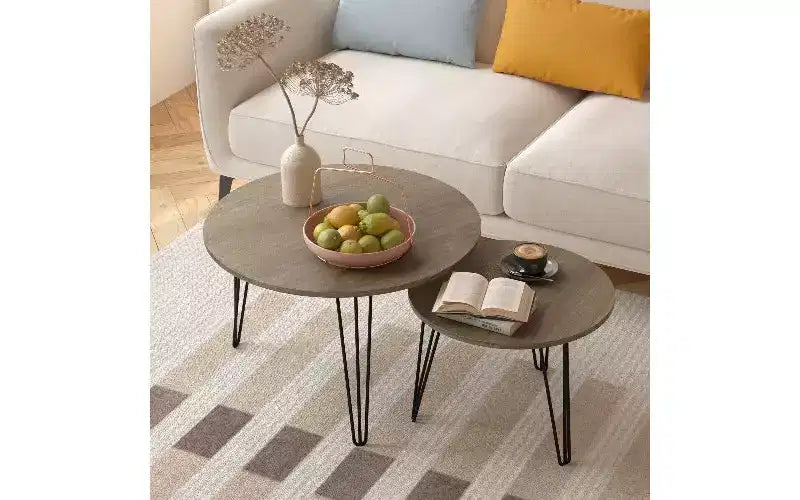TUYOHW 2-Piece Nesting Round Coffee Table Set, Imitation Marble Top Metal Frame Center Table for Living Room, Circular Nesting End Table Set