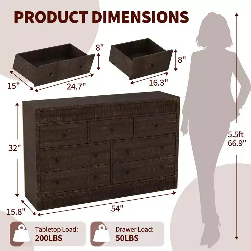 COZONY 54 Wide 7 Drawer Dresser, Fluted Wooden Chest of Drawers with Smooth Glide Storage for Bedroom
