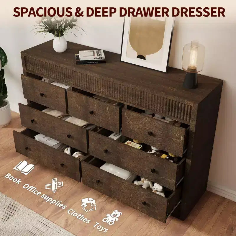 COZONY 54 Wide 7 Drawer Dresser, Fluted Wooden Chest of Drawers with Smooth Glide Storage for Bedroom