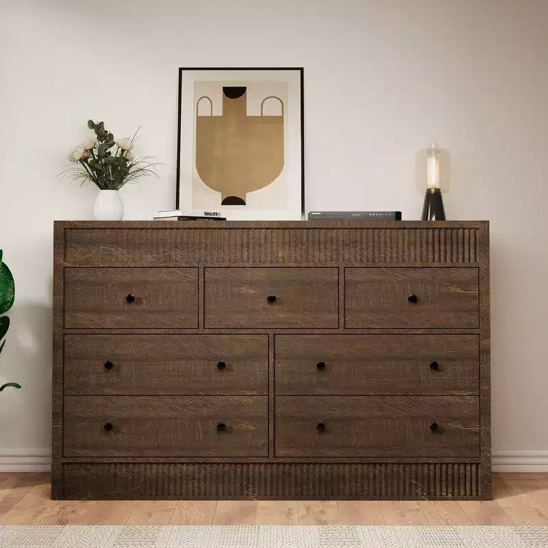 COZONY 54 Wide 7 Drawer Dresser, Fluted Wooden Chest of Drawers with Smooth Glide Storage for Bedroom