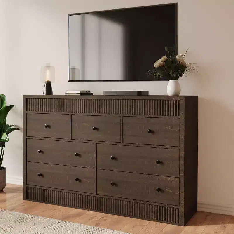 COZONY 54 Wide 7 Drawer Dresser, Fluted Wooden Chest of Drawers with Smooth Glide Storage for Bedroom