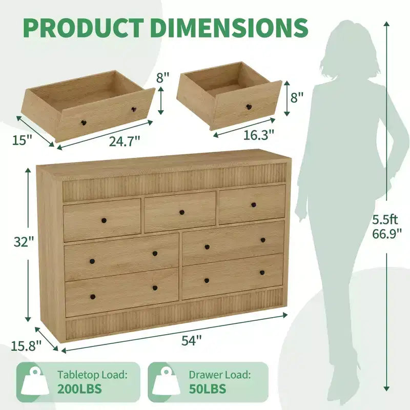 COZONY 54 Wide 7 Drawer Dresser, Fluted Wooden Chest of Drawers with Smooth Glide Storage for Bedroom