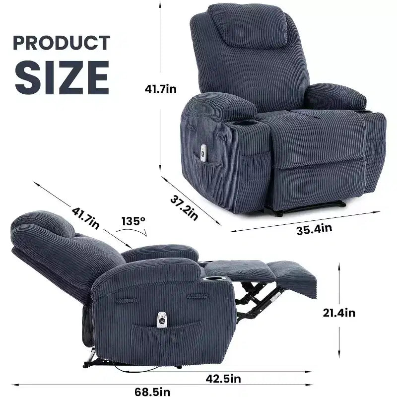 Recliner Chair with Massage and Heat, 135 Adjustable Corduroy Single Sofa for Living Room & Bedroom, Cup Holders & Pockets
