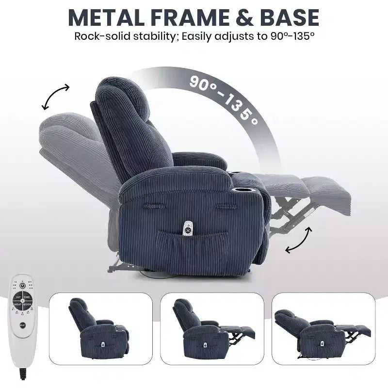 Recliner Chair with Massage and Heat, 135 Adjustable Corduroy Single Sofa for Living Room & Bedroom, Cup Holders & Pockets
