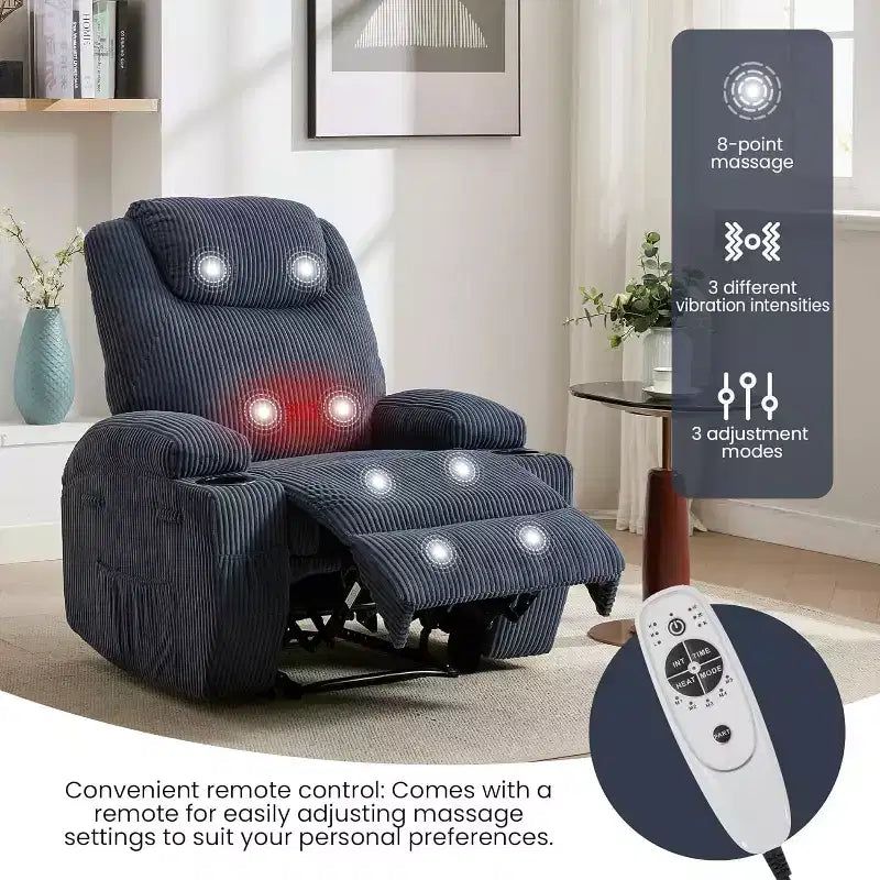 Recliner Chair with Massage and Heat, 135 Adjustable Corduroy Single Sofa for Living Room & Bedroom, Cup Holders & Pockets