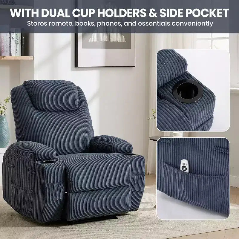 Recliner Chair with Massage and Heat, 135 Adjustable Corduroy Single Sofa for Living Room & Bedroom, Cup Holders & Pockets