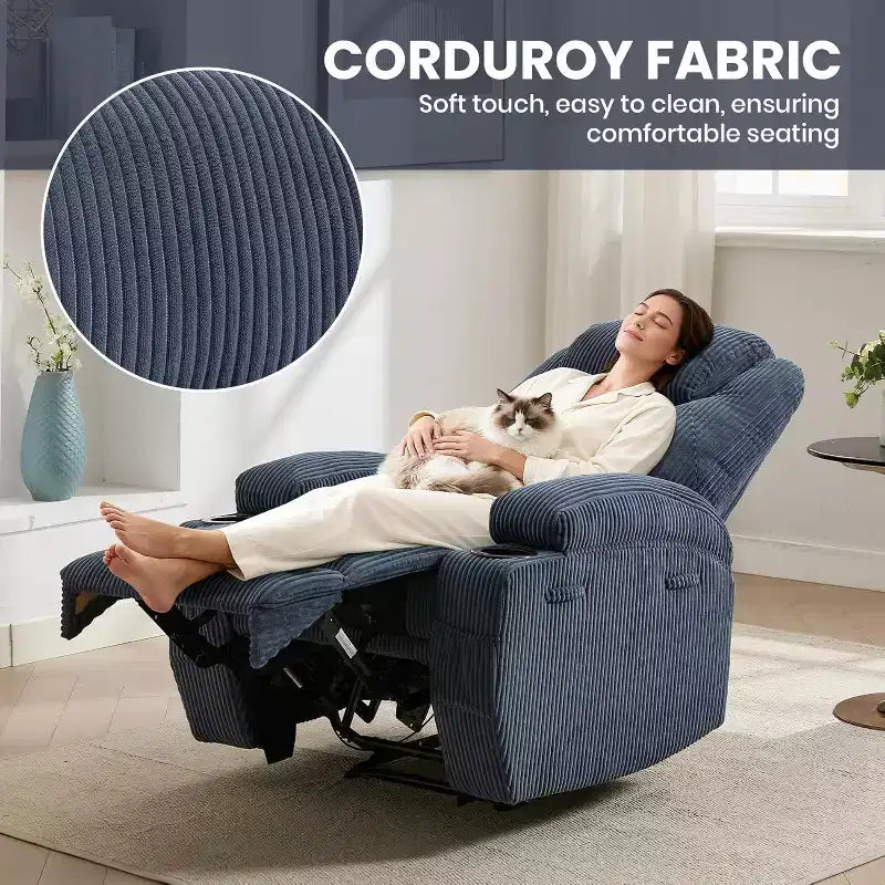 Recliner Chair with Massage and Heat, 135 Adjustable Corduroy Single Sofa for Living Room & Bedroom, Cup Holders & Pockets