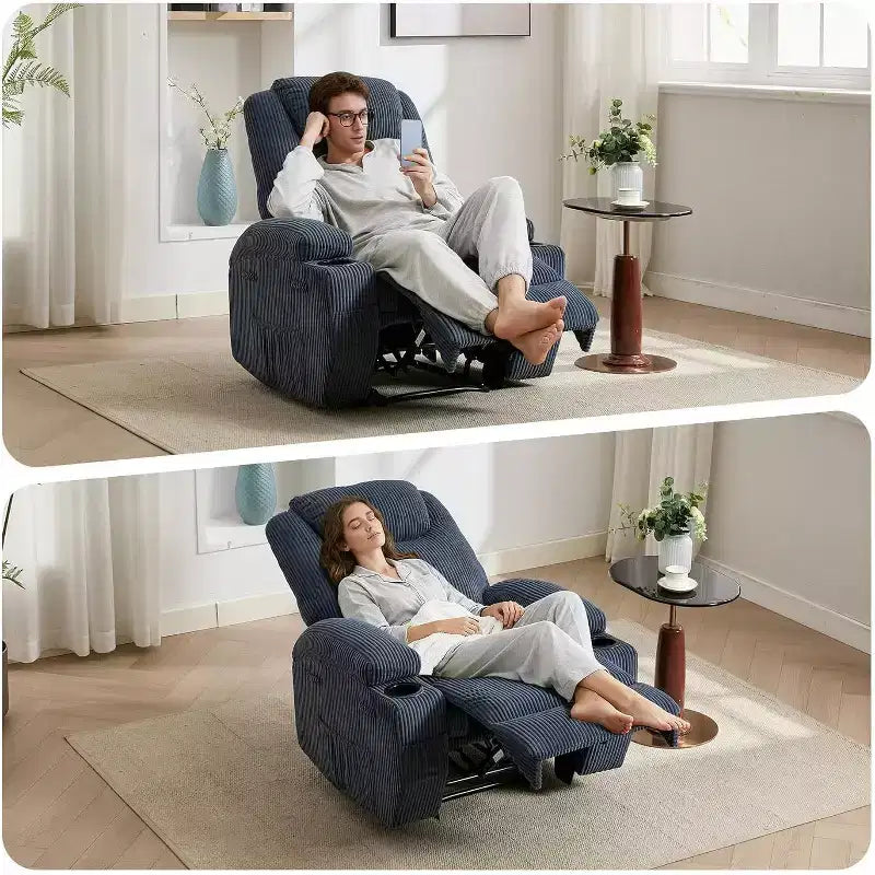Recliner Chair with Massage and Heat, 135 Adjustable Corduroy Single Sofa for Living Room & Bedroom, Cup Holders & Pockets