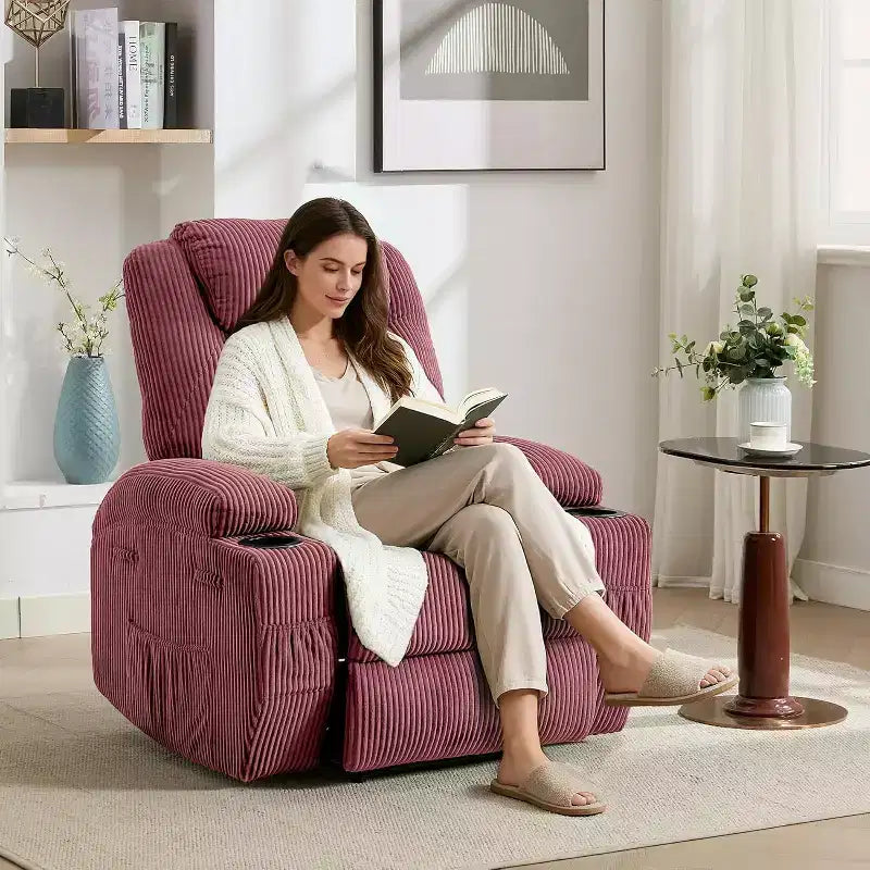 Recliner Chair with Massage and Heat, 135 Adjustable Corduroy Single Sofa for Living Room & Bedroom, Cup Holders & Pockets