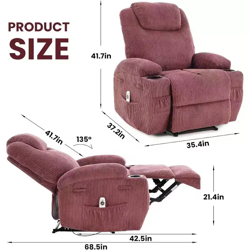 Recliner Chair with Massage and Heat, 135 Adjustable Corduroy Single Sofa for Living Room & Bedroom, Cup Holders & Pockets