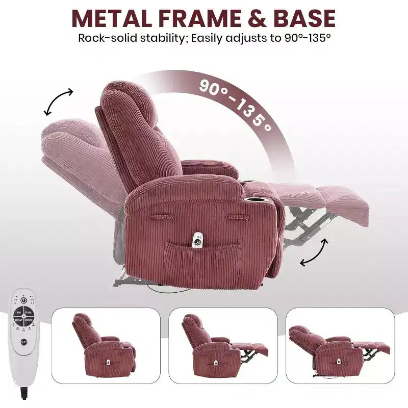 Recliner Chair with Massage and Heat, 135 Adjustable Corduroy Single Sofa for Living Room & Bedroom, Cup Holders & Pockets