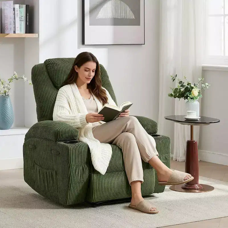 Recliner Chair with Massage and Heat, 135 Adjustable Corduroy Single Sofa for Living Room & Bedroom, Cup Holders & Pockets