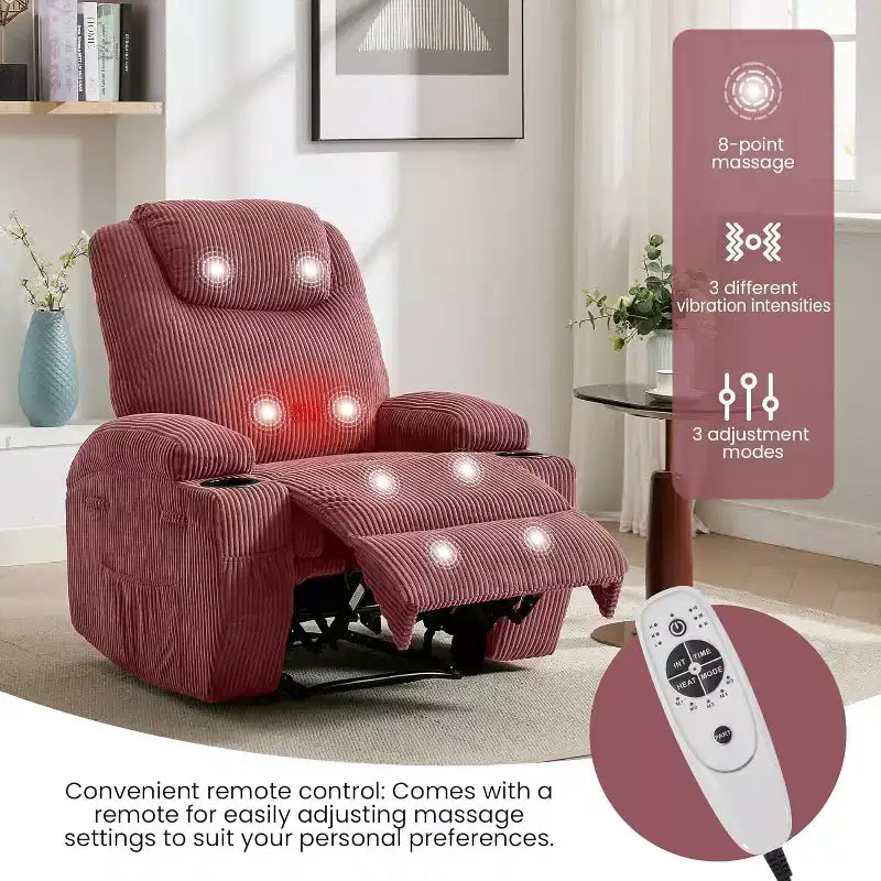 Recliner Chair with Massage and Heat, 135 Adjustable Corduroy Single Sofa for Living Room & Bedroom, Cup Holders & Pockets