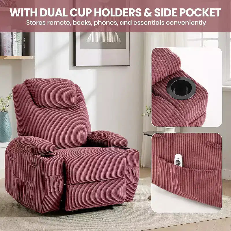Recliner Chair with Massage and Heat, 135 Adjustable Corduroy Single Sofa for Living Room & Bedroom, Cup Holders & Pockets