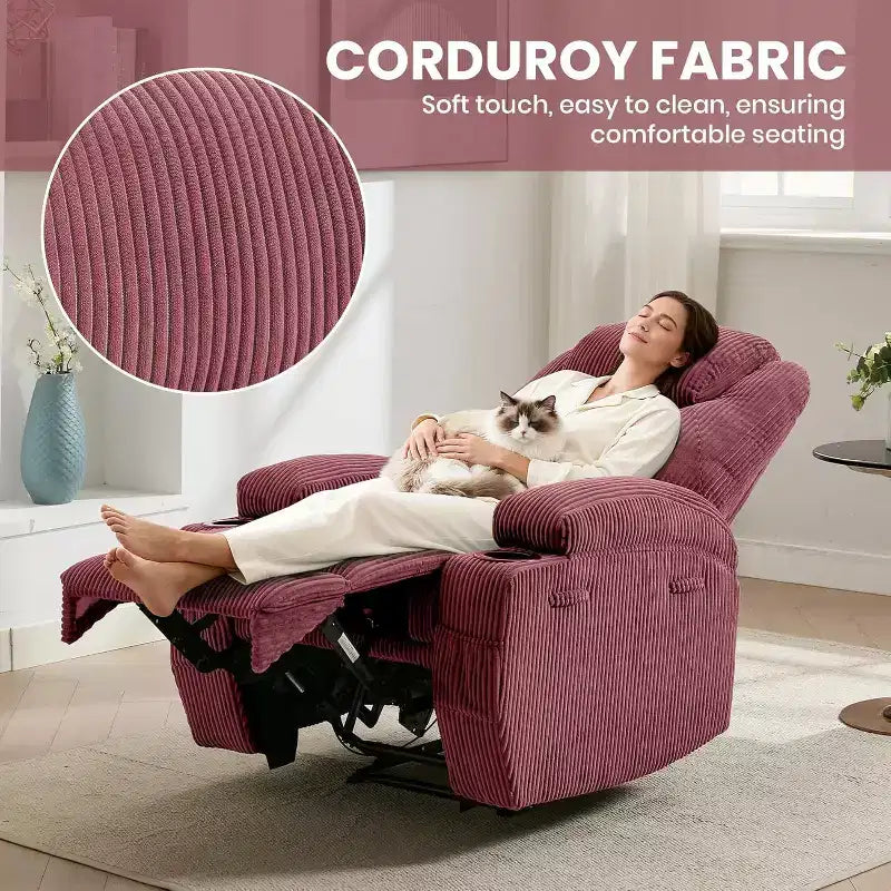 Recliner Chair with Massage and Heat, 135 Adjustable Corduroy Single Sofa for Living Room & Bedroom, Cup Holders & Pockets
