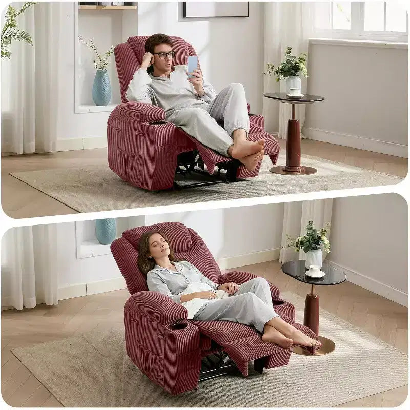 Recliner Chair with Massage and Heat, 135 Adjustable Corduroy Single Sofa for Living Room & Bedroom, Cup Holders & Pockets