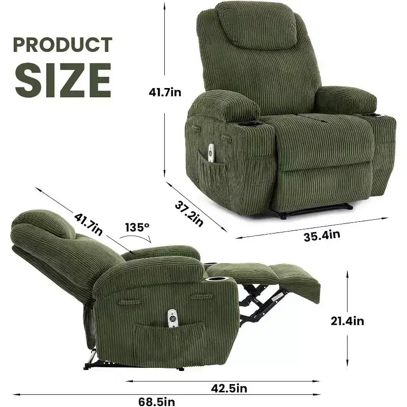 Recliner Chair with Massage and Heat, 135 Adjustable Corduroy Single Sofa for Living Room & Bedroom, Cup Holders & Pockets