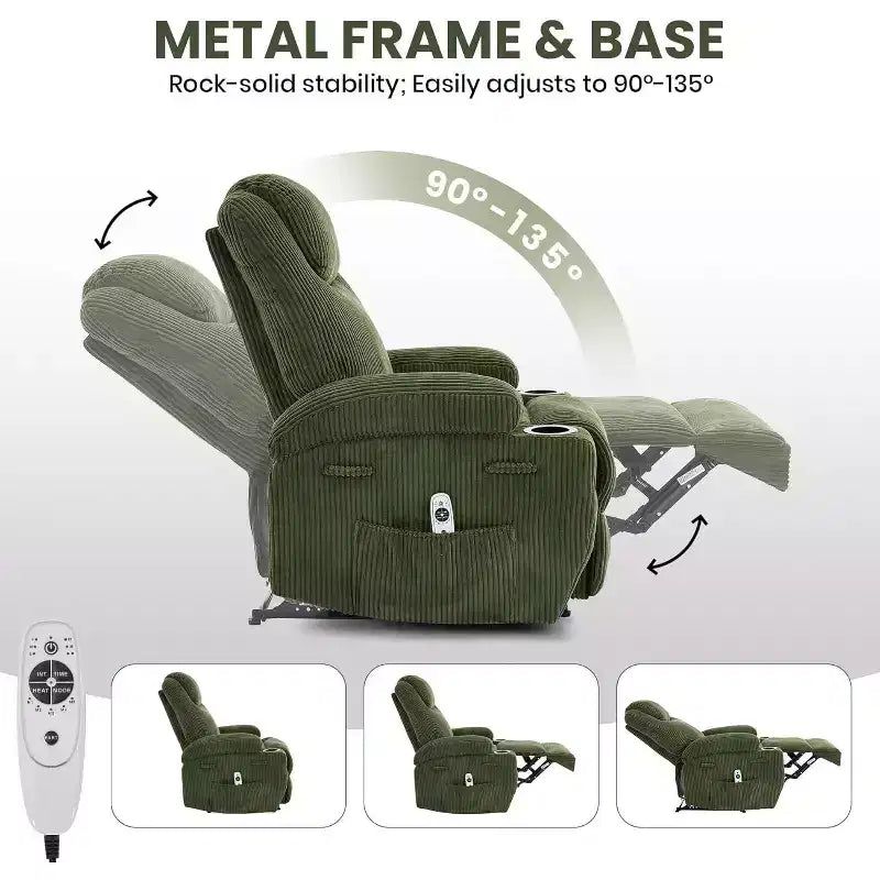 Recliner Chair with Massage and Heat, 135 Adjustable Corduroy Single Sofa for Living Room & Bedroom, Cup Holders & Pockets