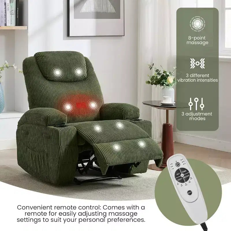 Recliner Chair with Massage and Heat, 135 Adjustable Corduroy Single Sofa for Living Room & Bedroom, Cup Holders & Pockets