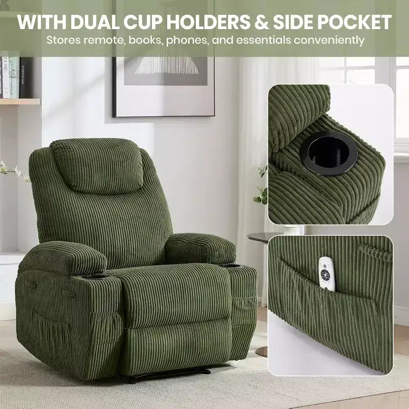 Recliner Chair with Massage and Heat, 135 Adjustable Corduroy Single Sofa for Living Room & Bedroom, Cup Holders & Pockets