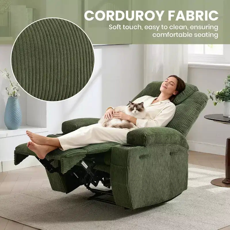 Recliner Chair with Massage and Heat, 135 Adjustable Corduroy Single Sofa for Living Room & Bedroom, Cup Holders & Pockets