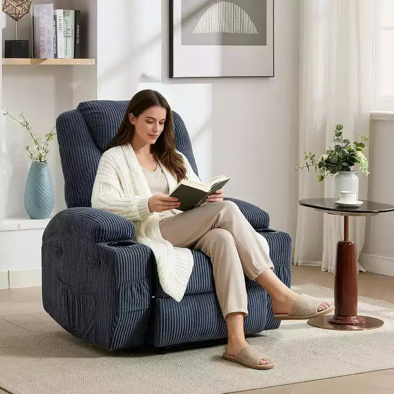 Recliner Chair with Massage and Heat, 135 Adjustable Corduroy Single Sofa for Living Room & Bedroom, Cup Holders & Pockets