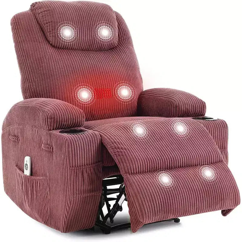Recliner Chair with Massage and Heat, 135 Adjustable Corduroy Single Sofa for Living Room & Bedroom, Cup Holders & Pockets