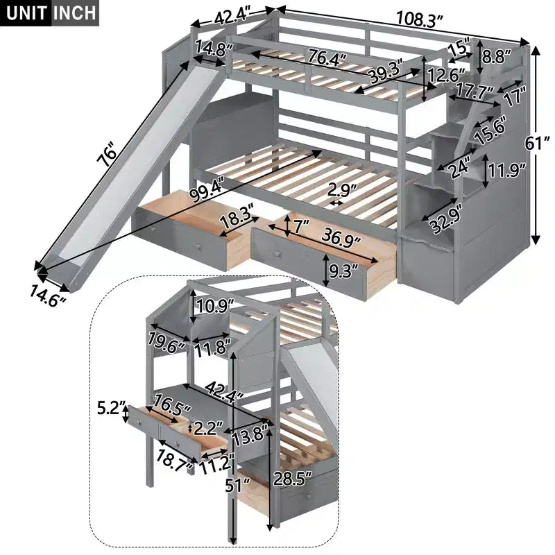 GDFStudio Ortiz Bunk Bed with Storage Staircase, Slide and Drawers, Desk with Drawers and Shelves