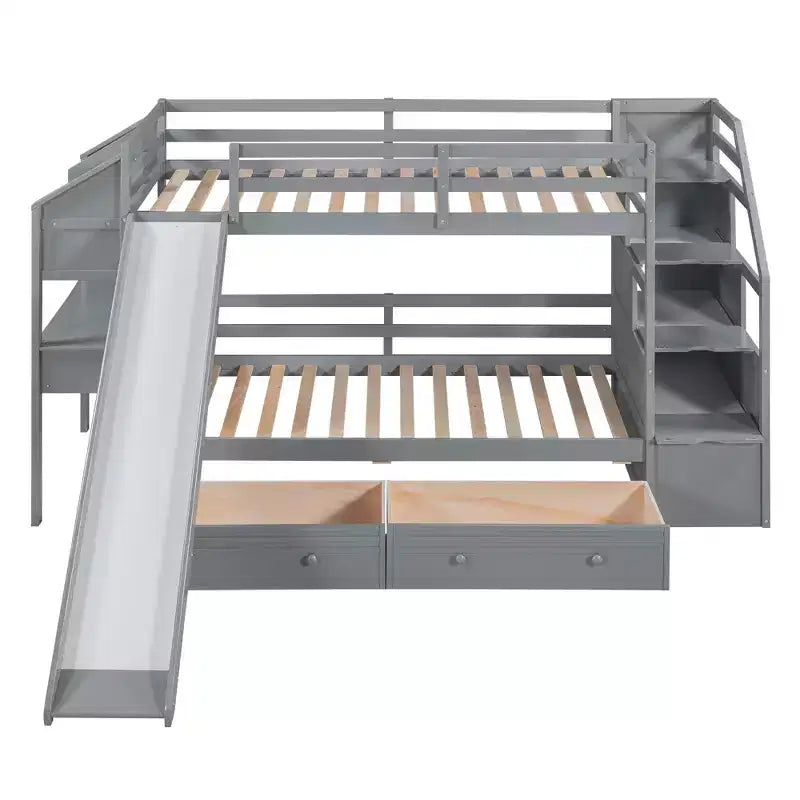 GDFStudio Ortiz Bunk Bed with Storage Staircase, Slide and Drawers, Desk with Drawers and Shelves