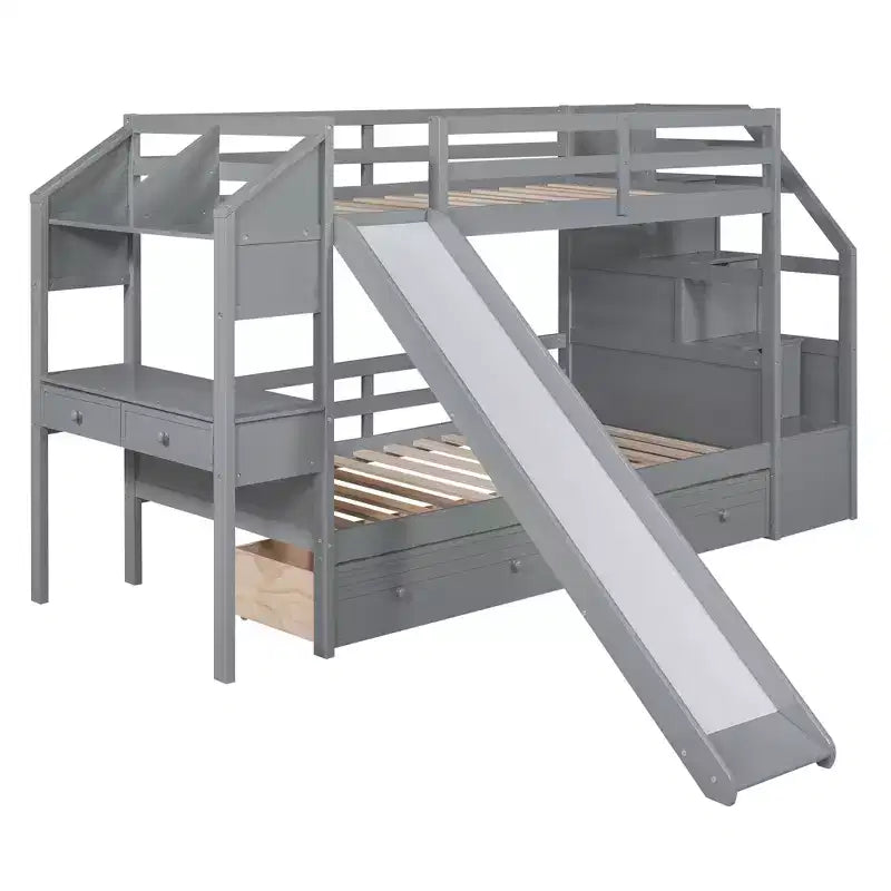 GDFStudio Ortiz Bunk Bed with Storage Staircase, Slide and Drawers, Desk with Drawers and Shelves