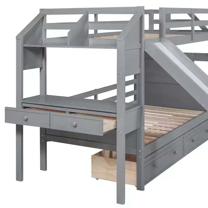 GDFStudio Ortiz Bunk Bed with Storage Staircase, Slide and Drawers, Desk with Drawers and Shelves