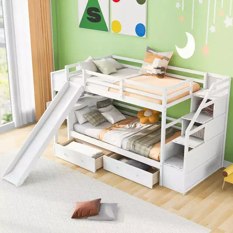 GDFStudio Ortiz Bunk Bed with Storage Staircase, Slide and Drawers, Desk with Drawers and Shelves
