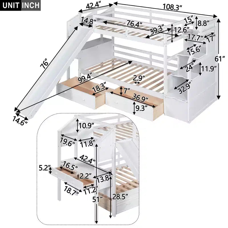 GDFStudio Ortiz Bunk Bed with Storage Staircase, Slide and Drawers, Desk with Drawers and Shelves