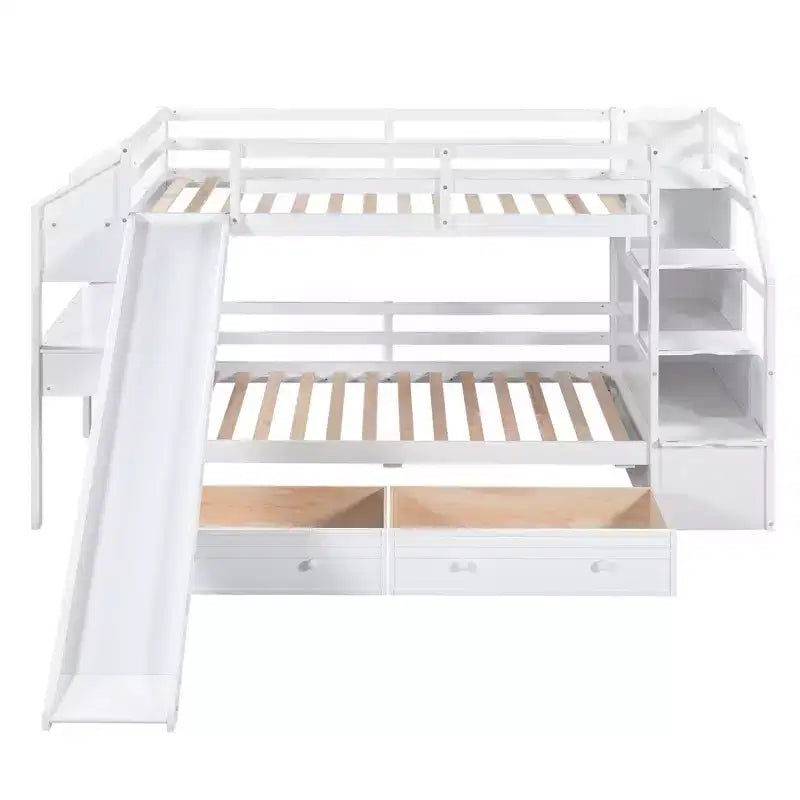 GDFStudio Ortiz Bunk Bed with Storage Staircase, Slide and Drawers, Desk with Drawers and Shelves