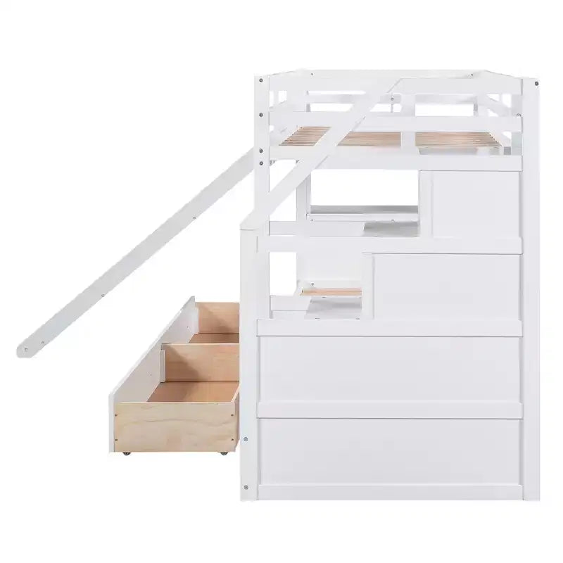 GDFStudio Ortiz Bunk Bed with Storage Staircase, Slide and Drawers, Desk with Drawers and Shelves