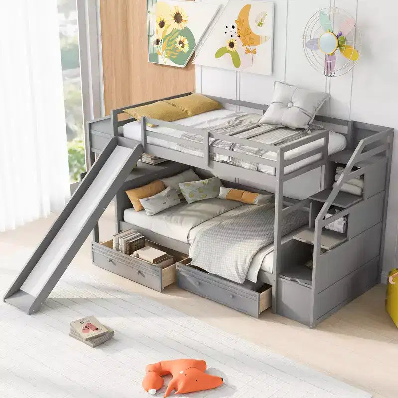 GDFStudio Ortiz Bunk Bed with Storage Staircase, Slide and Drawers, Desk with Drawers and Shelves