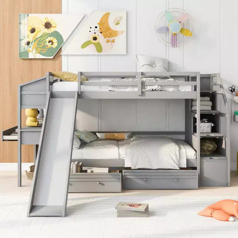 GDFStudio Ortiz Bunk Bed with Storage Staircase, Slide and Drawers, Desk with Drawers and Shelves